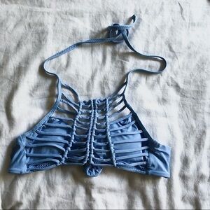 BECCA High Neck Macrame Crochet Halter Swim Top in Light Blue Small